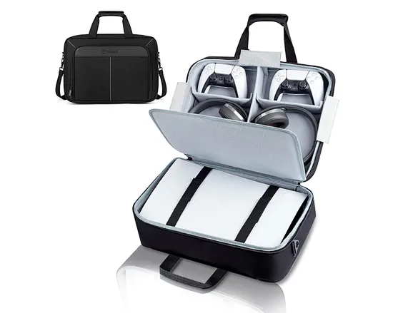 Playstation 5 carrying case with 10MM thick-padded inner and rubber pads can prevent collisions. PS5 case with heavy duty surface material and soft velvet lining resist scratches.
